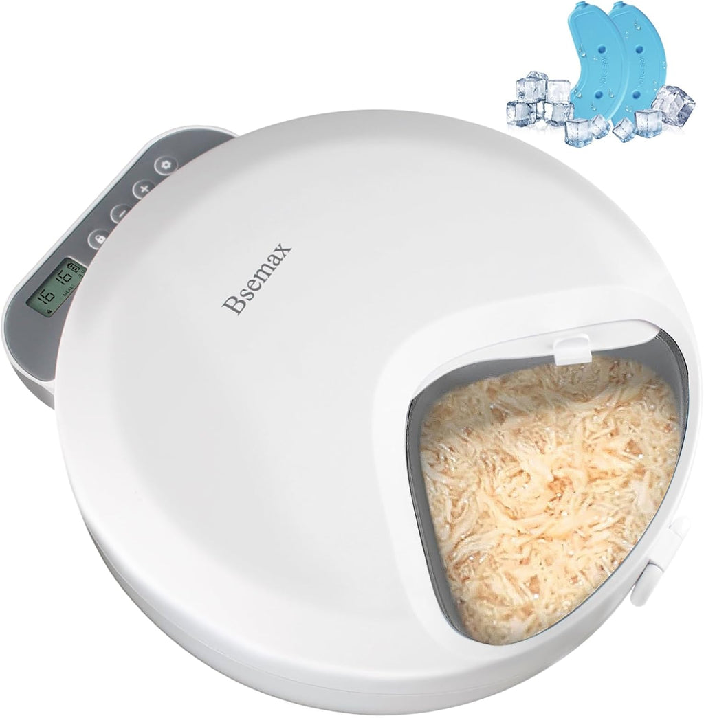 Bsemax automatic wet food cat feeder front view showing the digital timer display