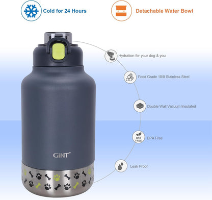 GiNT dual purpose dog water bottle being unboxed with all included travel accessories.