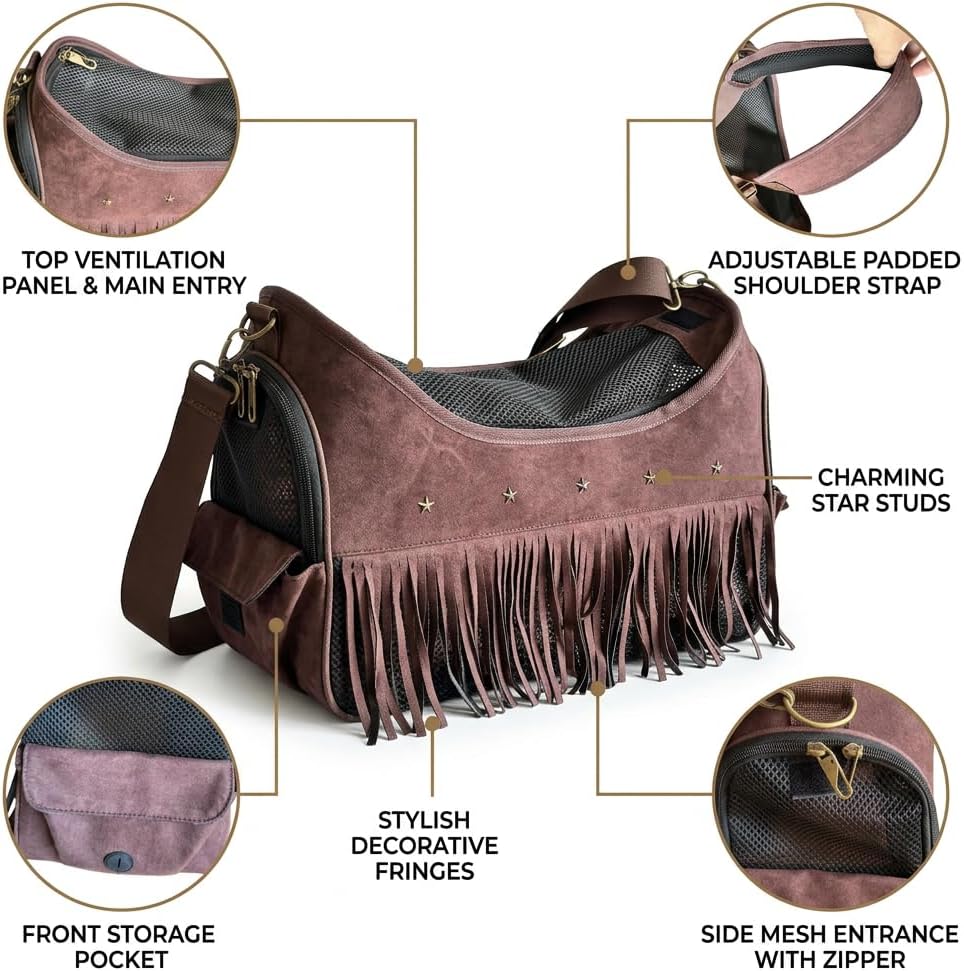 Side profile of breathable mesh pet carrier purse for small dogs