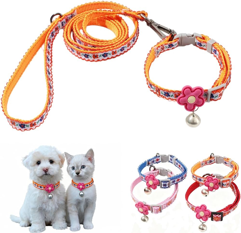Pink XXS Dog Collar with Bell Set, Soft Flower Dogs Leash Cute Floral Cat Collars Adjustable Buckle for XS Tiny Female Girl Pets Kitten Teacup Yorkie X-Small - Image 9