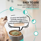 Close up of 90 servings dental health powder for small medium and large dogs.