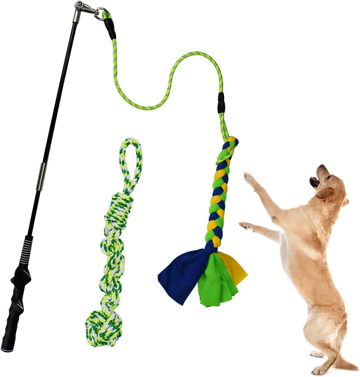 Authentic SYOOY brand packaging showing full contents including interactive pole and washable rope attachments.