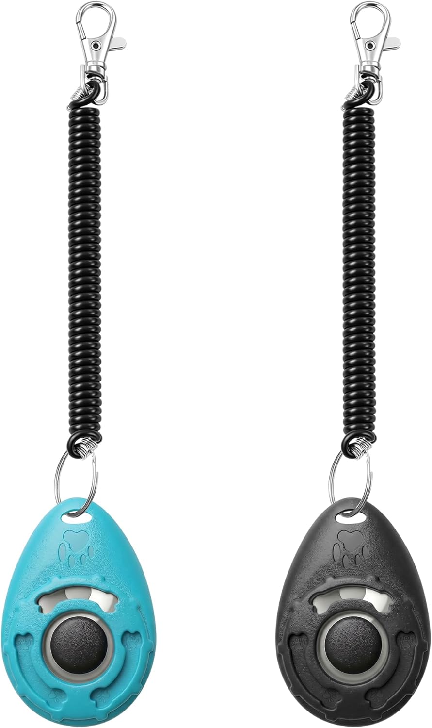 Black and blue dog training clickers with coiled elastic wrist straps