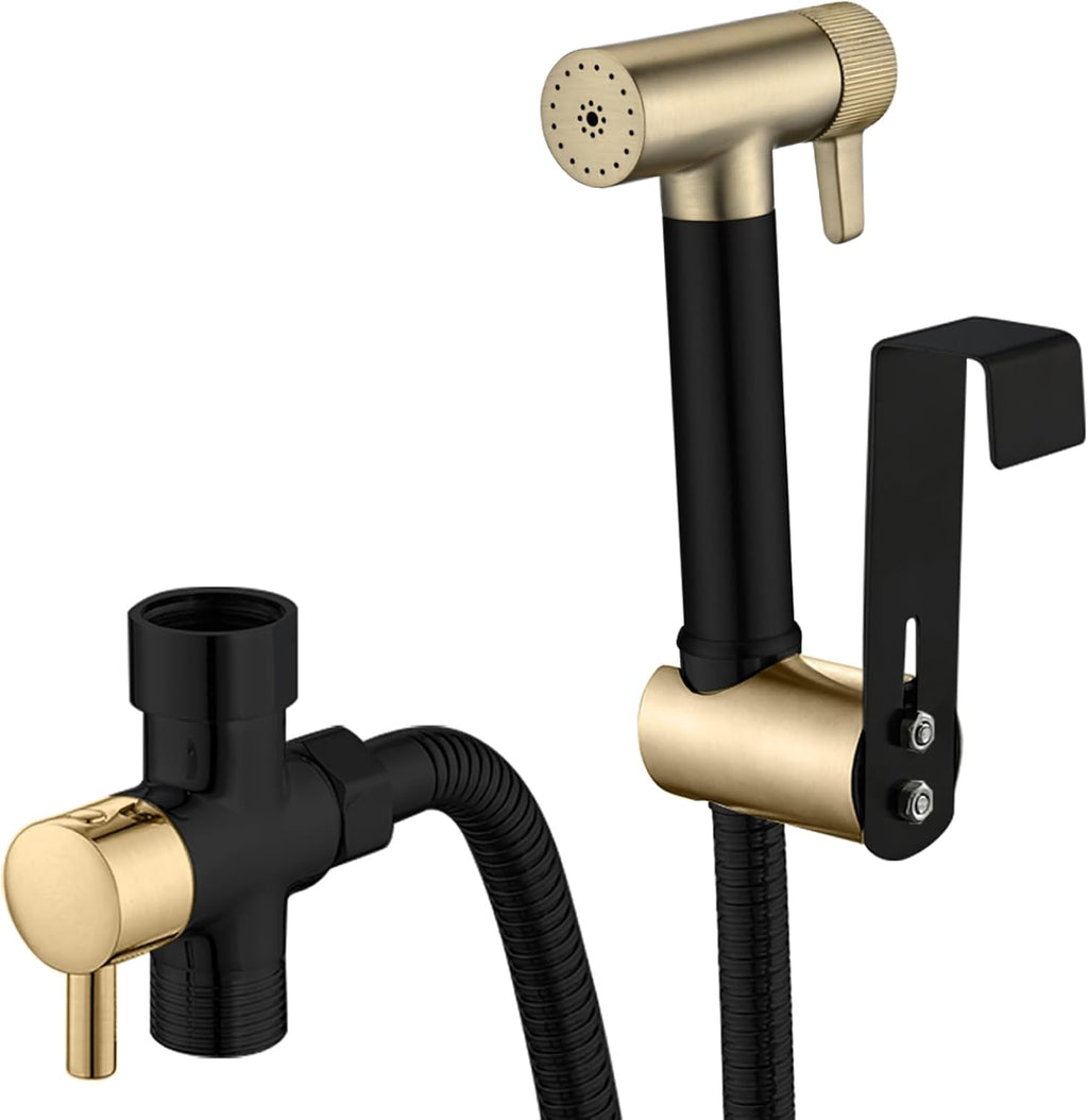 WRKMH handheld bidet sprayer front view showcasing black and brushed gold finish