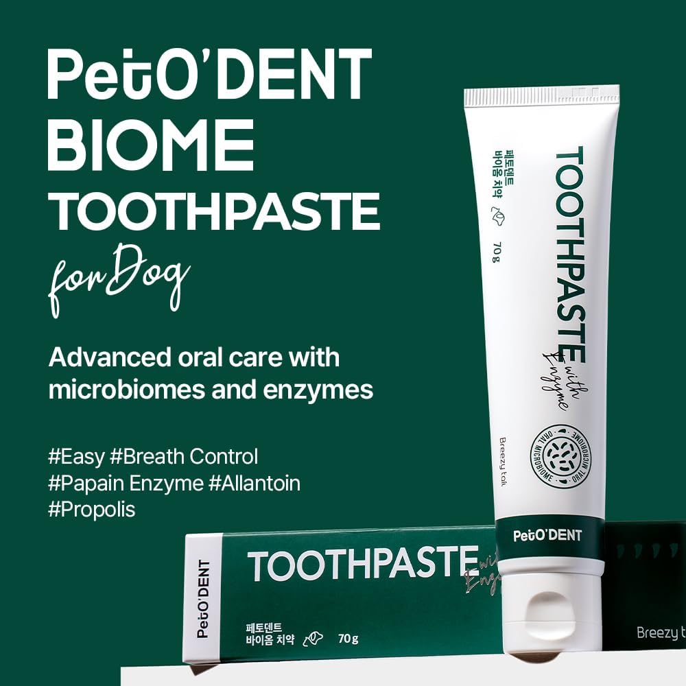 Breezytail dog dental gel tube showing enzyme formula benefits