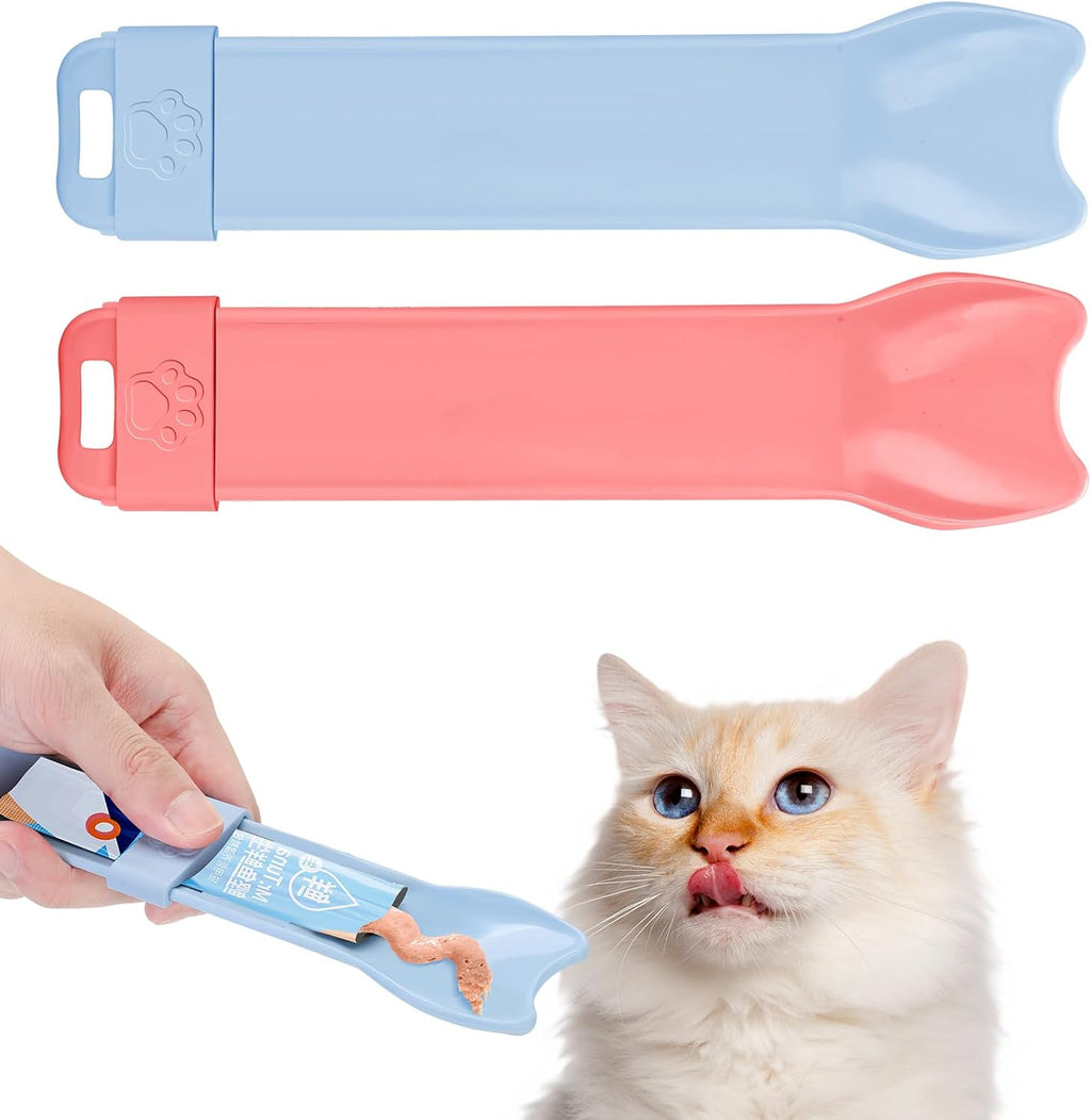 Yummy Sam cat strip feeder front view displaying the light blue squeeze spoon mechanism