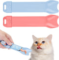 Yummy Sam cat strip feeder front view displaying the light blue squeeze spoon mechanism