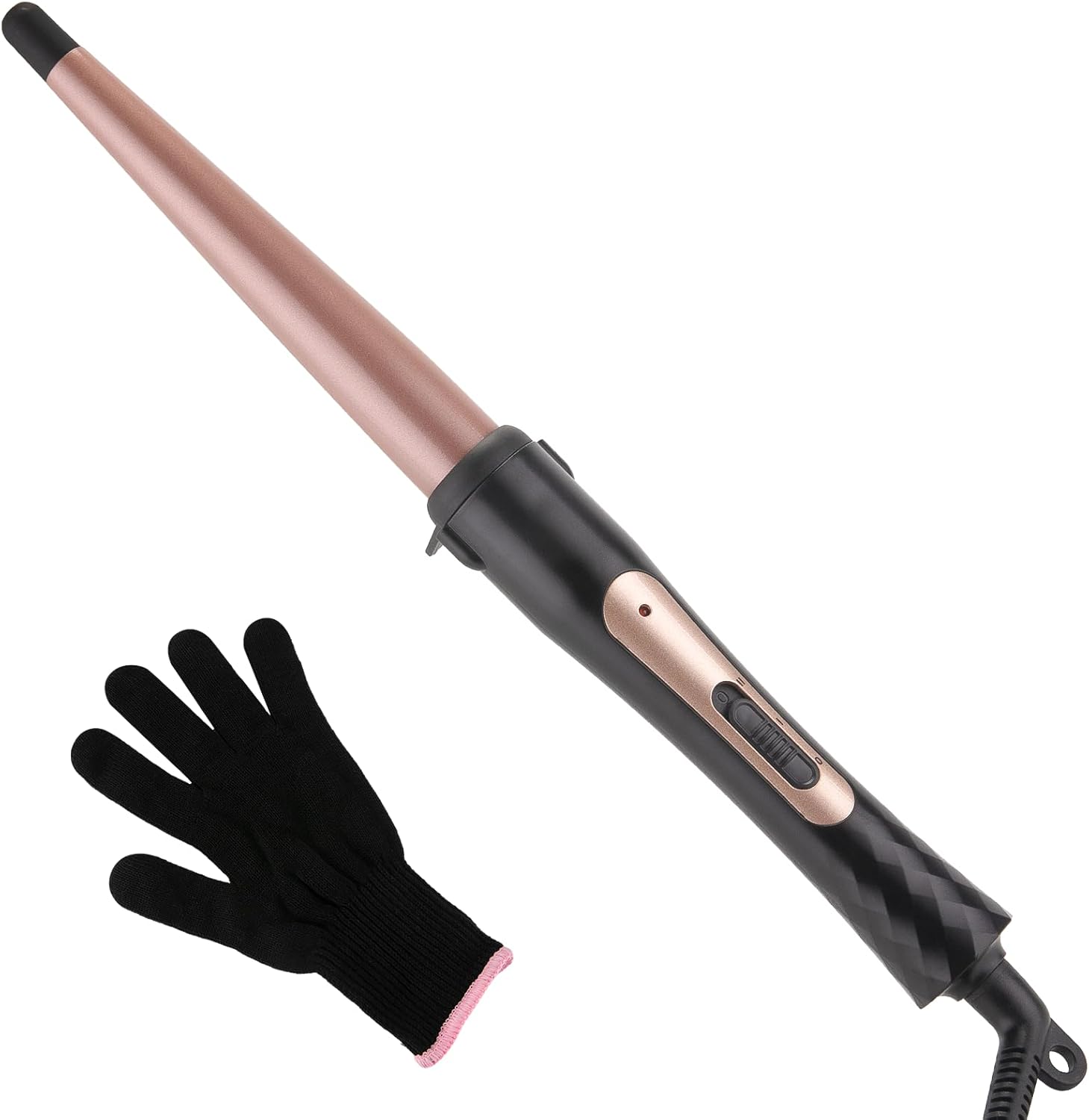 Mcodon Tapered Curling Wand with rose gold barrel and black handle.