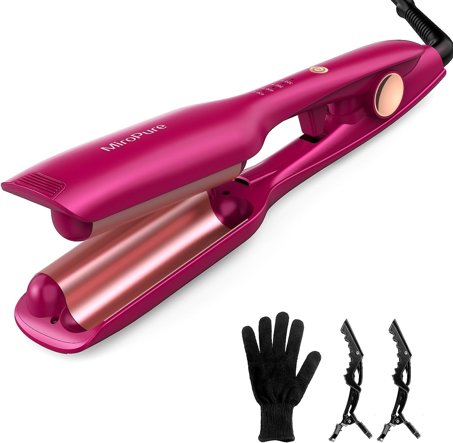 MiroPure 3 barrel hair waver iron front view pink styling tool