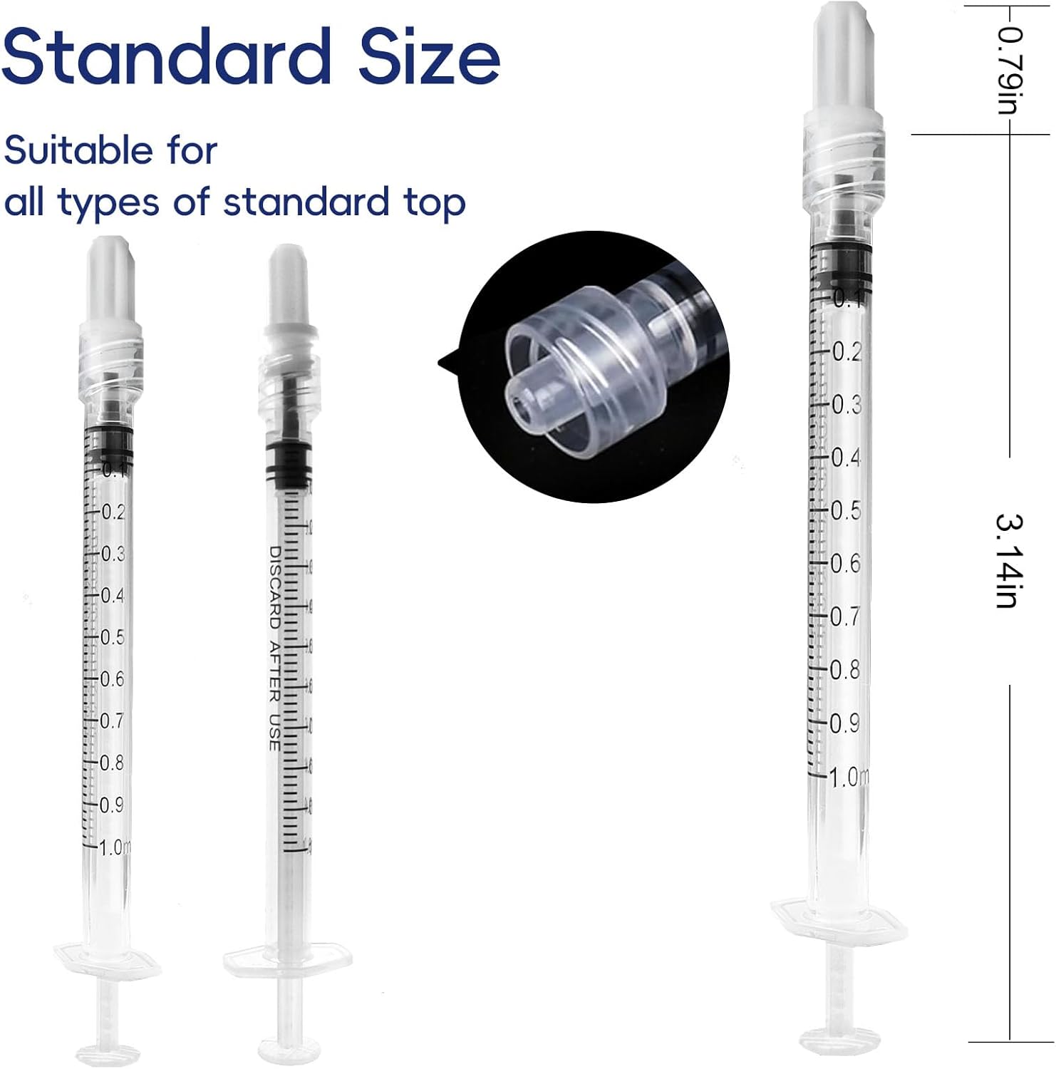 Close-up of the threaded Luer Lock tip design on a one milliliter disposable plastic syringe.