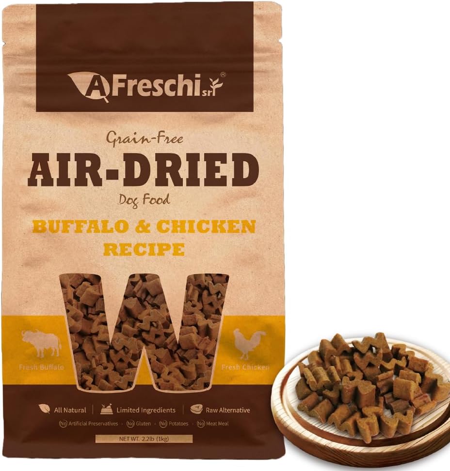 A Freschi srl Air-Dried Dog Food Buffalo and Chicken Recipe 2.2 pound front bag view premium pet food