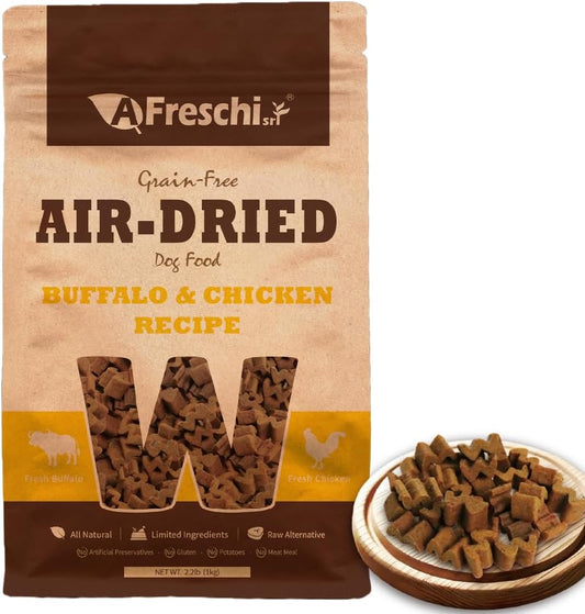 A Freschi srl Air-Dried Dog Food Buffalo and Chicken Recipe 2.2 pound front bag view premium pet food