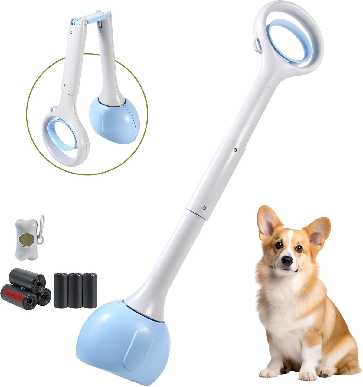 Dog Pooper Scooper Portable with Bag Attachment, One Handed Foldable Design, Includes 120 Waste Bags and Dispenser, 19 Inch Handle for Grass Yard Gravel Cleanup (Blue) - Image 11