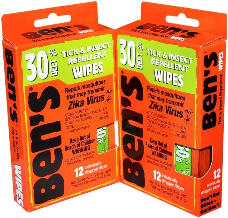 Ben's 30 Deet Mosquito Tick Insect Repellent Wipes front view showing 24 pack box