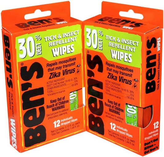 Ben's 30 Deet Mosquito Tick Insect Repellent Wipes front view showing 24 pack box