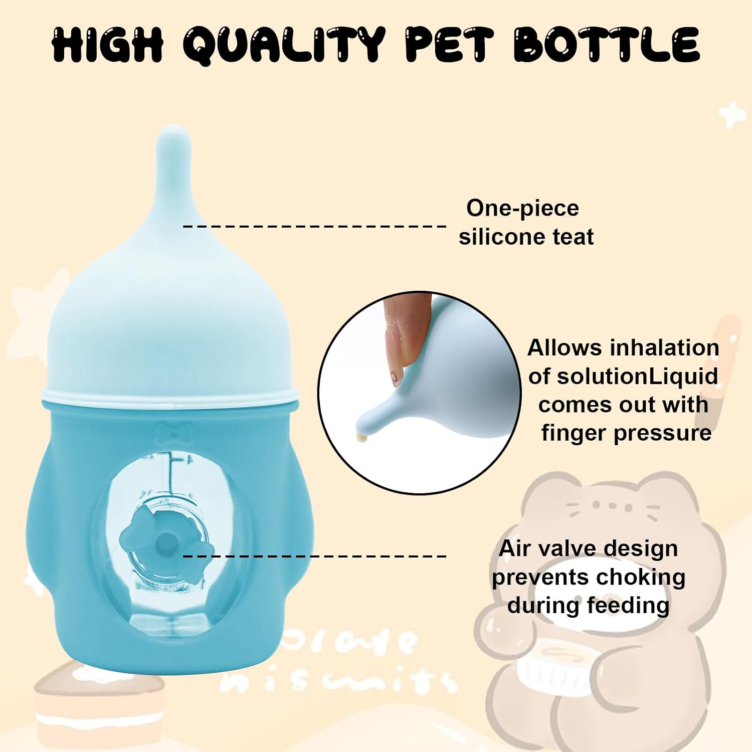 Holdes animal feeding bottles with anti choking pressure valve mechanism close up.