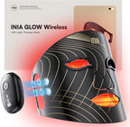 Inia Glow wireless red light therapy mask front view showcasing black silicone design and gold accents
