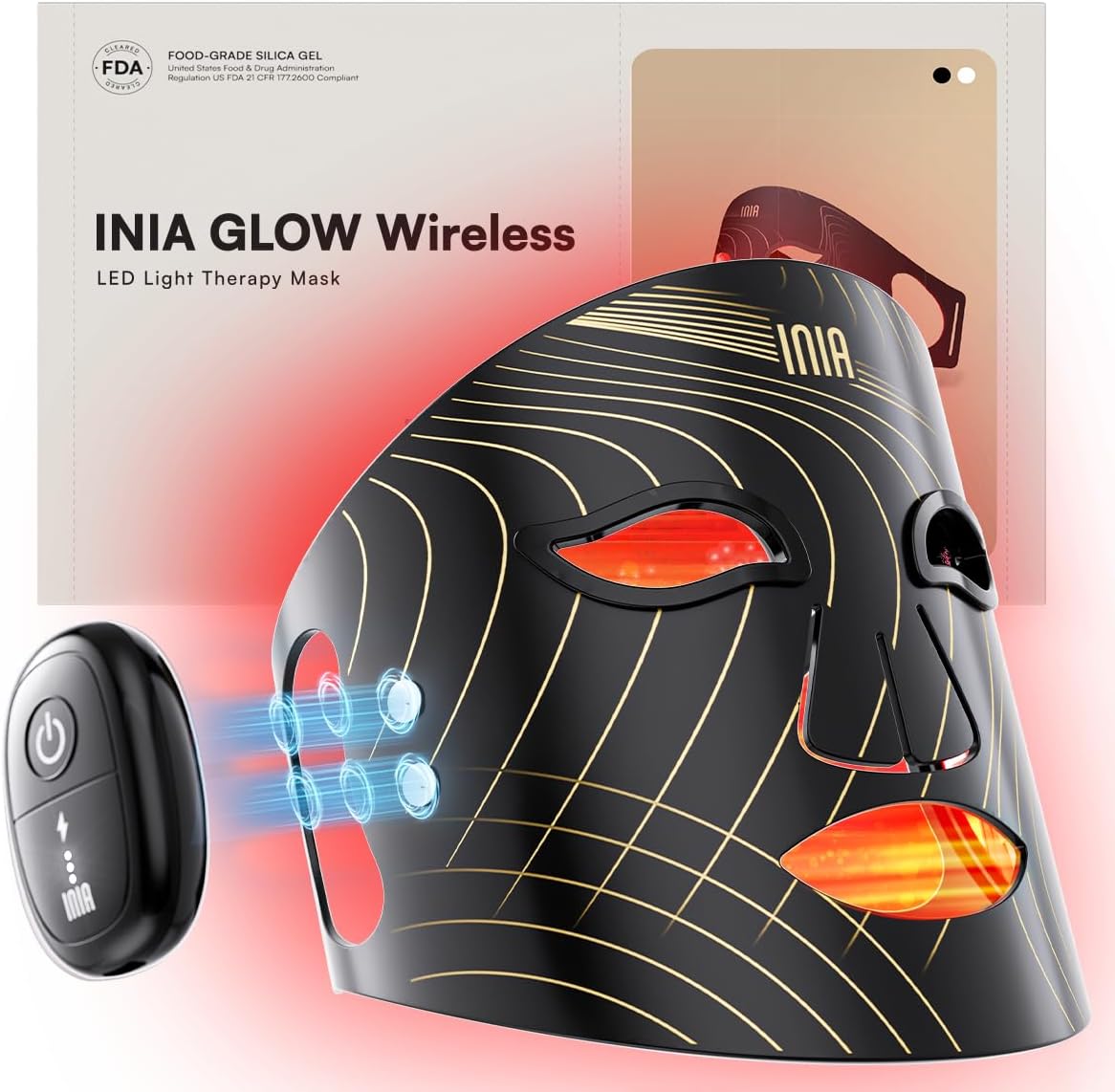 INIA Glow wireless red light therapy mask front view showcasing the sleek black ergonomic design for at home facial treatment.