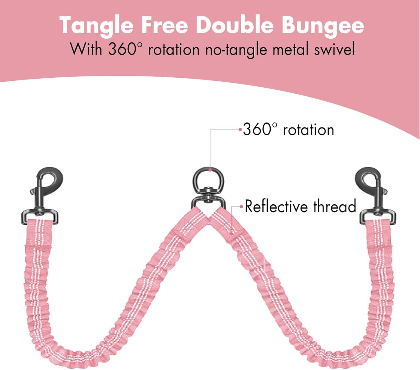 Shock absorbing pink bungee dual leash extension close up view