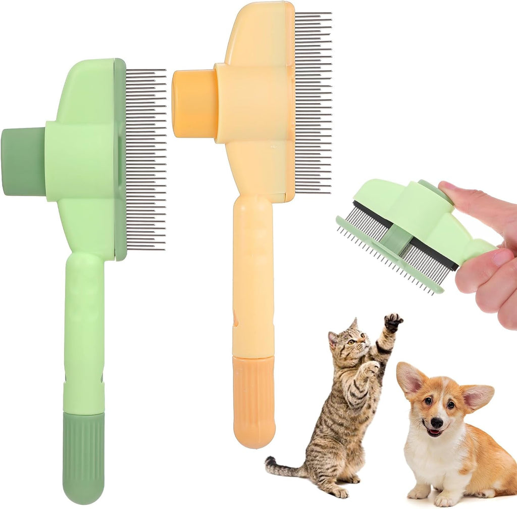 Oruola Self Cleaning Pet Flea Comb front view showing the dual stainless steel teeth and round yellow body.