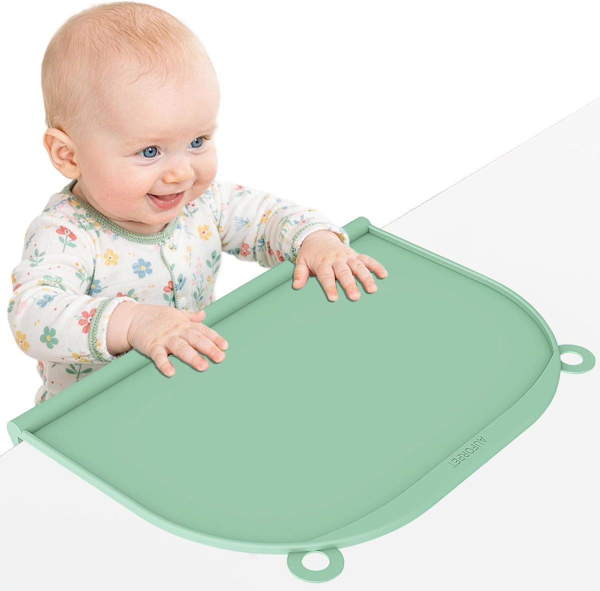 AUFORPET Large Silicone Suction Table Placemat front view showing green color and protective raised edge bumper.