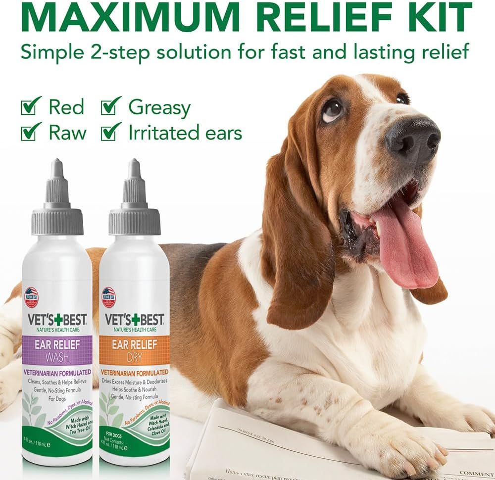 Close up of Vet's Best ear relief dry four fluid ounce bottle