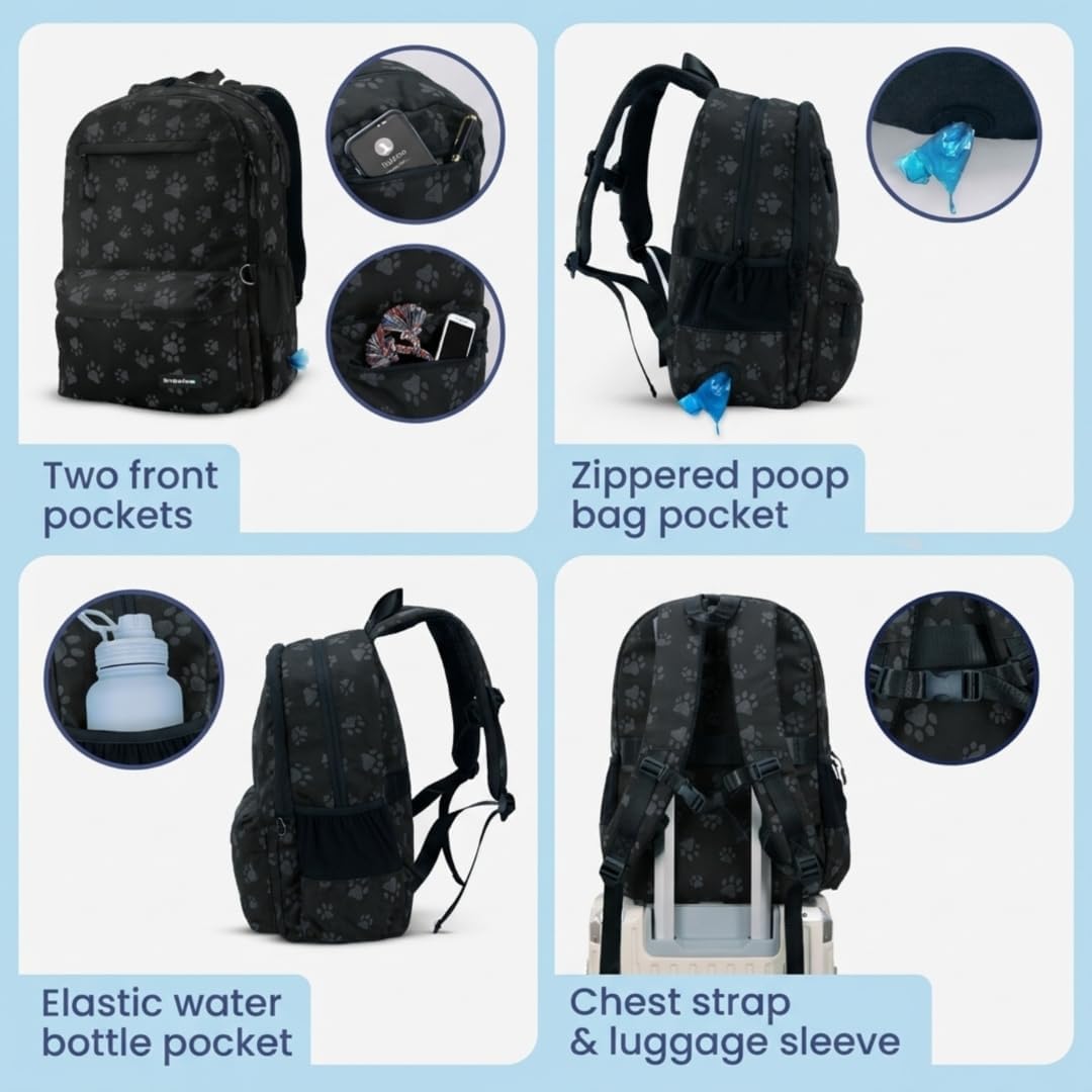 Rubyloo pet travel system placemat and treat pouch spread out for outdoor feeding.