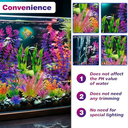Full layout of all twenty five pieces of the colorful Ameliade aquarium plant decoration bundle.