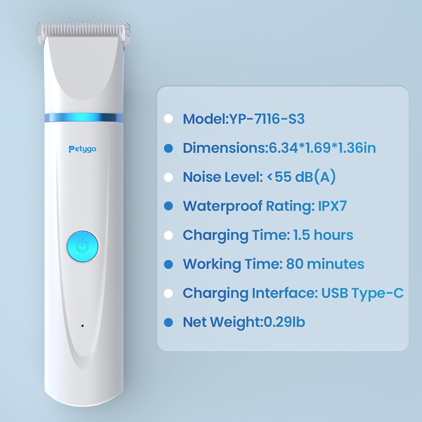 Petygo cordless pet trimmer package including USB charging cable and brush