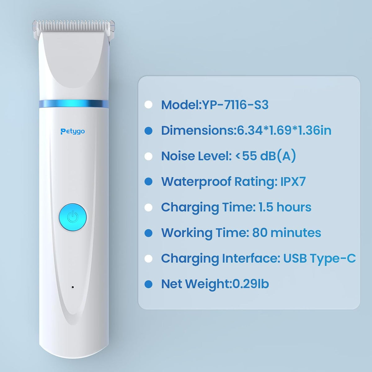 Petygo cordless pet trimmer package including USB charging cable and brush