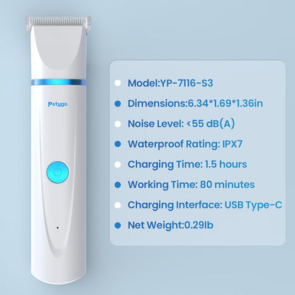 Petygo cordless pet trimmer package including USB charging cable and brush