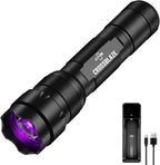 Crossblaze 395nm UV Flashlight front view showing black tactical aluminum body