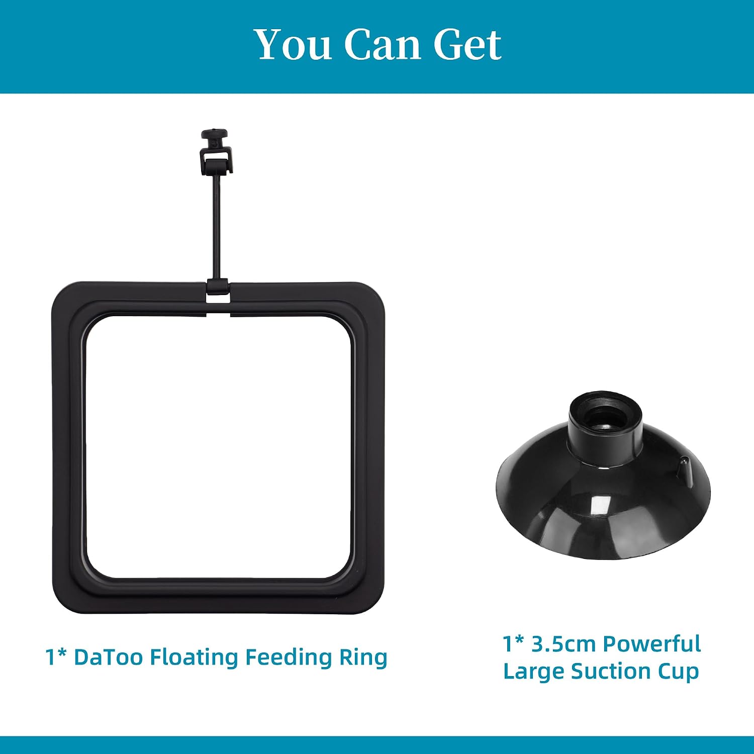 Packaging layout of the imported DaToo aquarium accessory showing product dimensions and components.