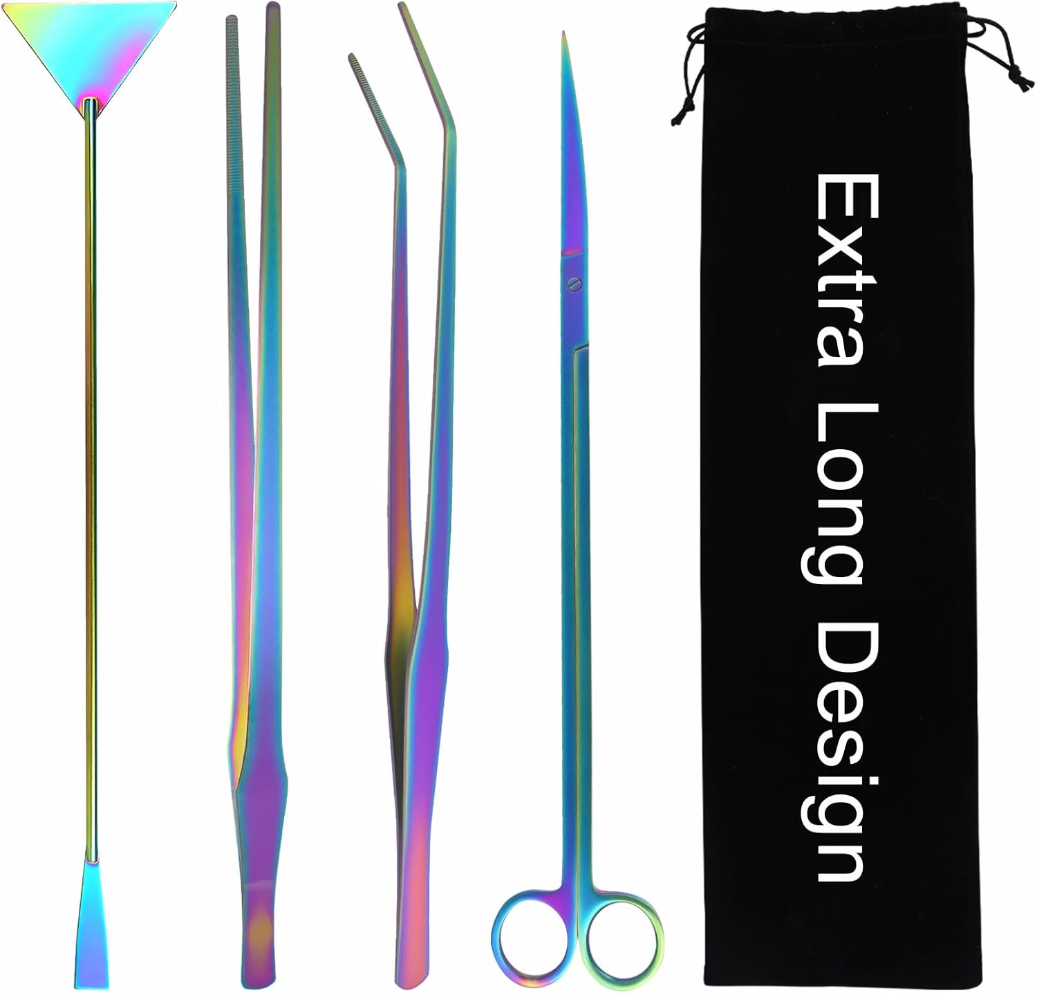 Funnytek aquarium aquascaping tool kit colorful front view showing four stainless steel tools