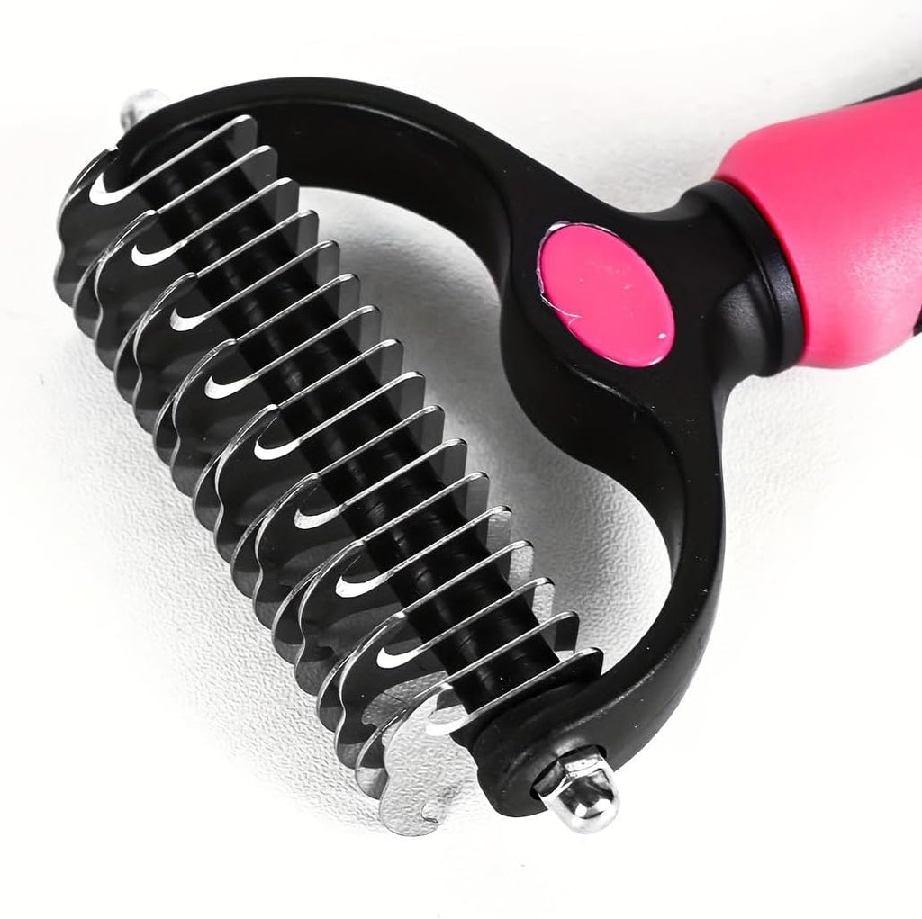 Pink ergonomic handle of Sodknow pet grooming deshedding tool