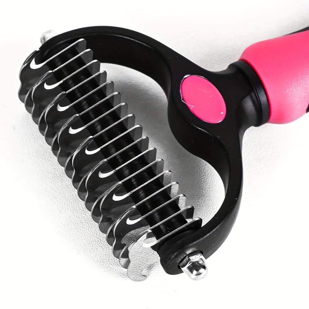 Pink ergonomic handle of Sodknow pet grooming deshedding tool