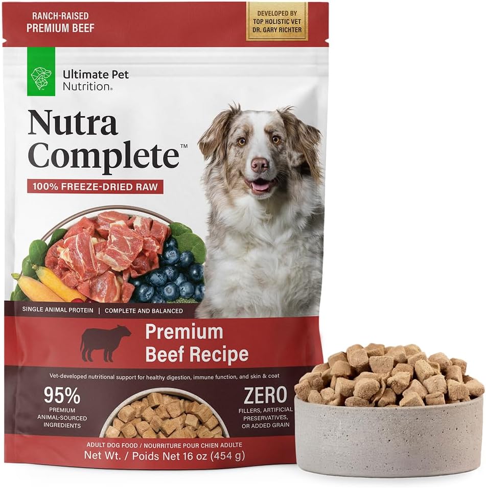 Ultimate Pet Nutrition Nutra Complete premium beef recipe dog food front packaging view