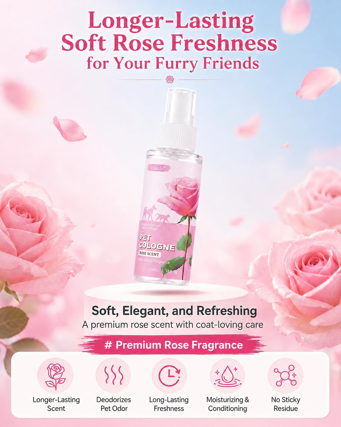 Oivolii plant based pet perfume spray being applied to a dog coat for odor control.