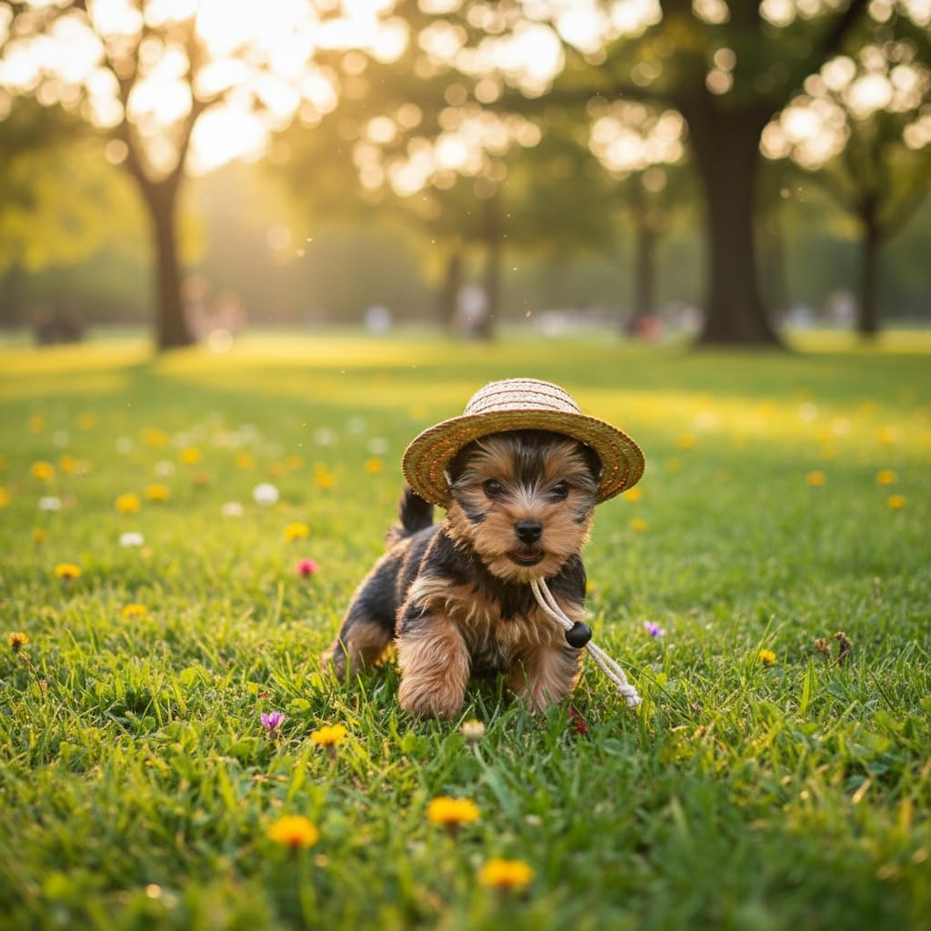 Puppy looking cute in outdoor summer pet straw hat