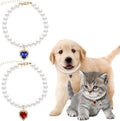Sliverdew pearl dog necklace and cat collar front view showcasing blue and red rhinestone heart charms