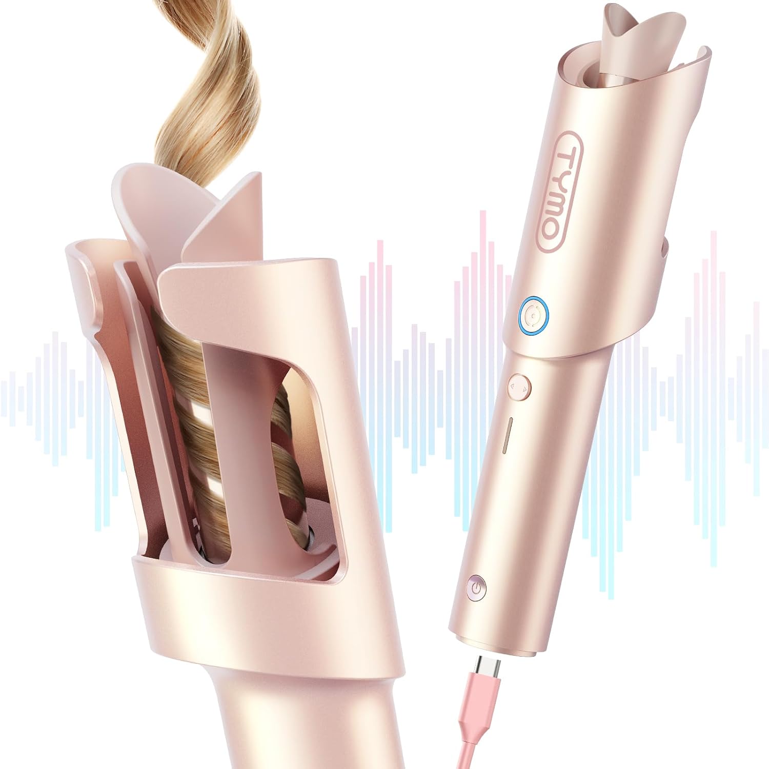 TYMO CurlGo cordless automatic curling iron front view in gold blush finish