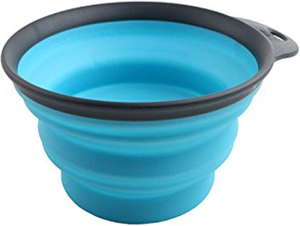 Dexas collapsible dog water bowl attached to a backpack for hiking