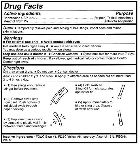 Sting-Kill anesthetic swabs packaging showing 4 pack value set for outdoor first aid.