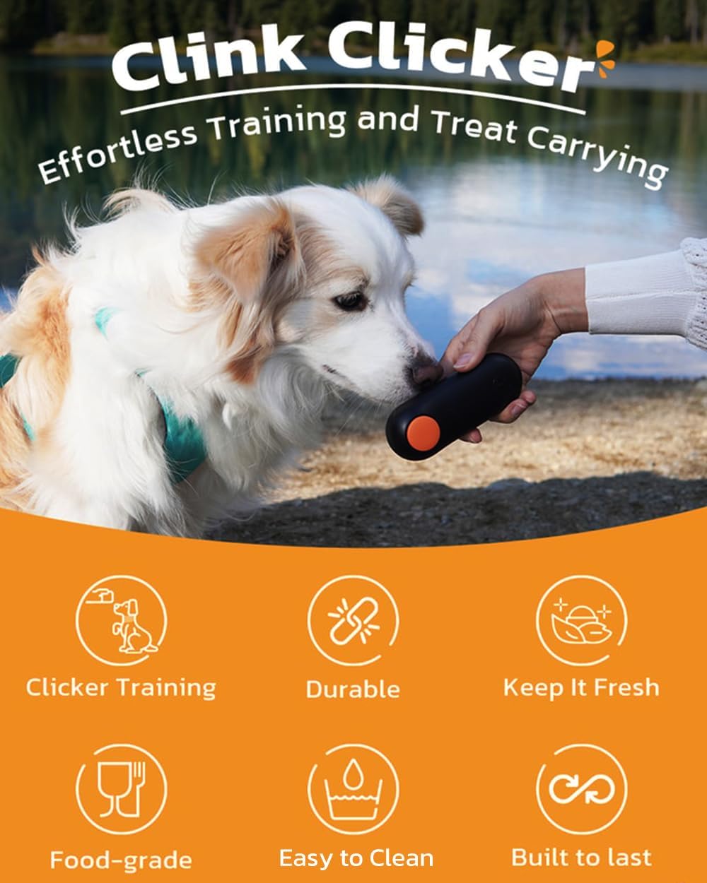 Clink Design pet gear showing the dual functionality of behavioral sound cue and rewarding slide