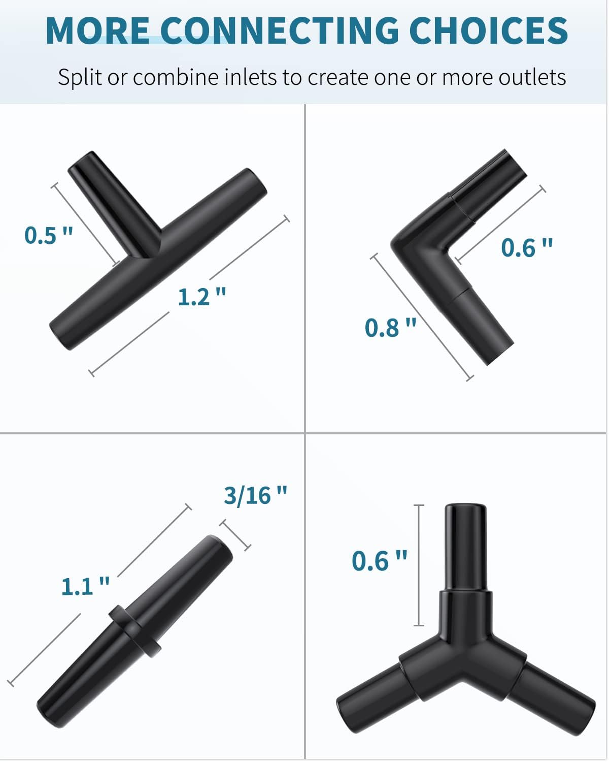 Straight L-shape Y-shape and T-shape plastic connectors for custom aquarium airflow setup.