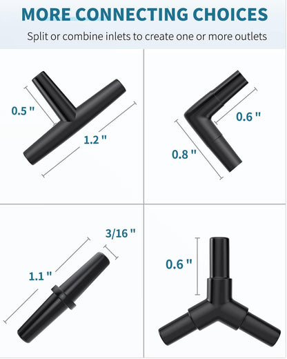 Straight L-shape Y-shape and T-shape plastic connectors for custom aquarium airflow setup.