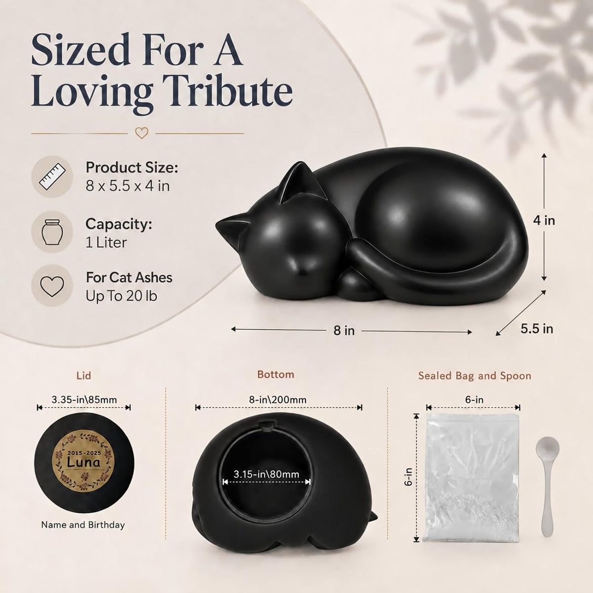 Sleeping Cat Pet Memorial Urn, Black Ceramic Keepsake for Cat Ashes - Image 3