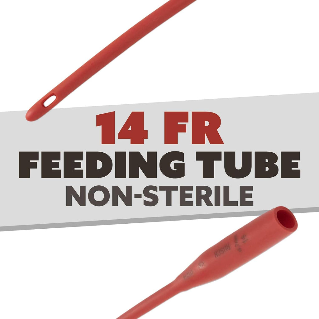Close up view of the smooth tip on the 14 French red rubber feeding tube.
