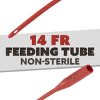 Close up view of the smooth tip on the 14 French red rubber feeding tube.