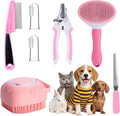 Pawdles 7 piece pet grooming and oral care kit in pink featuring slicker brush and nail tools